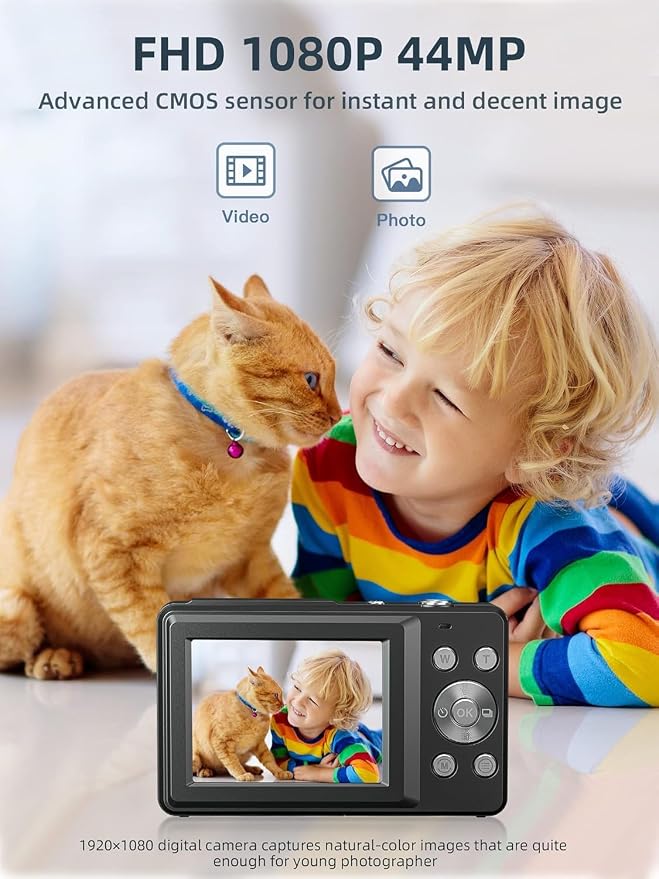 Digital Camera 1080P with 32G Card 16X Zoom Flash Portable for Kid, Black | Compact camera with anti-shake, Includes 2 batteries & charger. Perfect for parties, trips, birthdays gift from parents. - Image 2