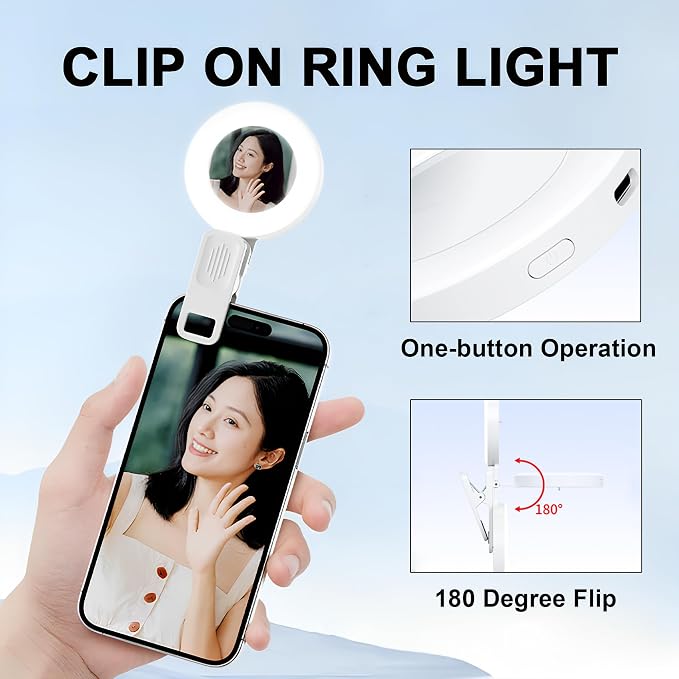 Phone Light, Clip-On Selfie Light with Mirror, Adjusted 3 Lighting Modes, 2 Level Light Brightness, Portable Ring Light for Makeup, Selfie, Video Conference, TikTok, Vlog - Image 6