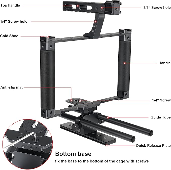 Universal Aluminum Alloy DSLR Mirrorless Camera Camcorder Stabilizer Extension Cage Mount for Mic Monitor Light, Movie Making Rig YouTube Tiktok Vlogging Video Kit w/Phone Holder for Canon Sony Nikon - Image 4