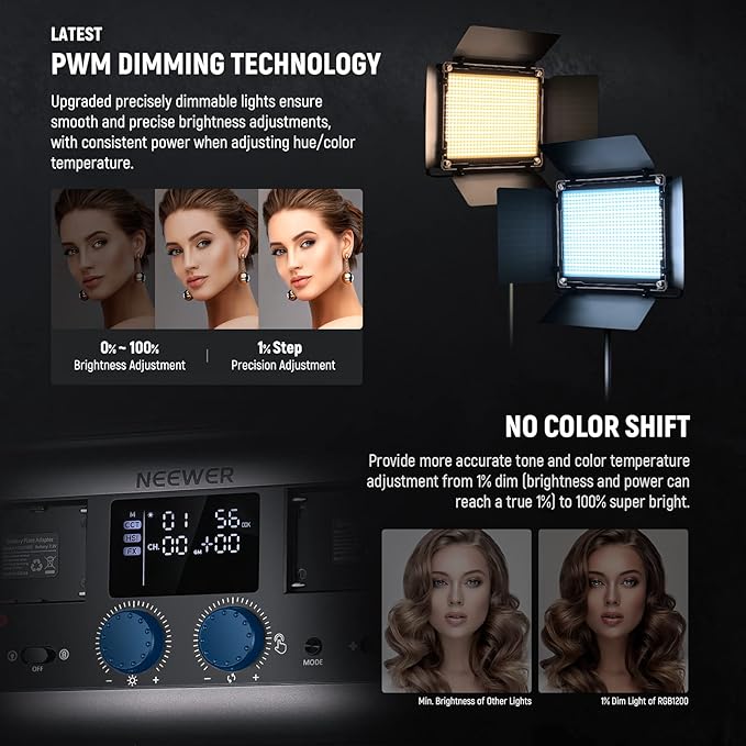 NEEWER 2 Pack RGB1200 LED Video Light with APP/2.4G Control, Key Lighting Kit with Tripod Stands & Bag for Streaming Recording Studio Photography, 60W/22000Lux/1% Min Dimming/360° RGB/CRI97+/TLCI98+ - Image 3
