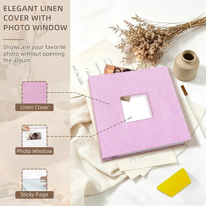 Popotop Photo Album Self Adhesive with Picture Display Window,60 Pages DIY Scrapbooking Supplies Kit for 4x6 10x12 Picture,Linen Cover Memory Book for Baby Wedding, with Scraper and Metallic Pen - Image 3