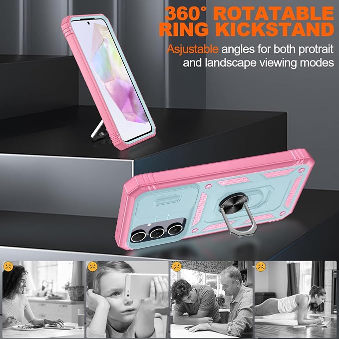Gritup for Galaxy A35 5G Case Military-Grade Shockproof with Kickstand | with 2 PCS Screen Protector, Slide Camera Cover, Heavy Duty Outdoor Protection Funda para A 35 Phone Cover, Green+Pink - Image 7