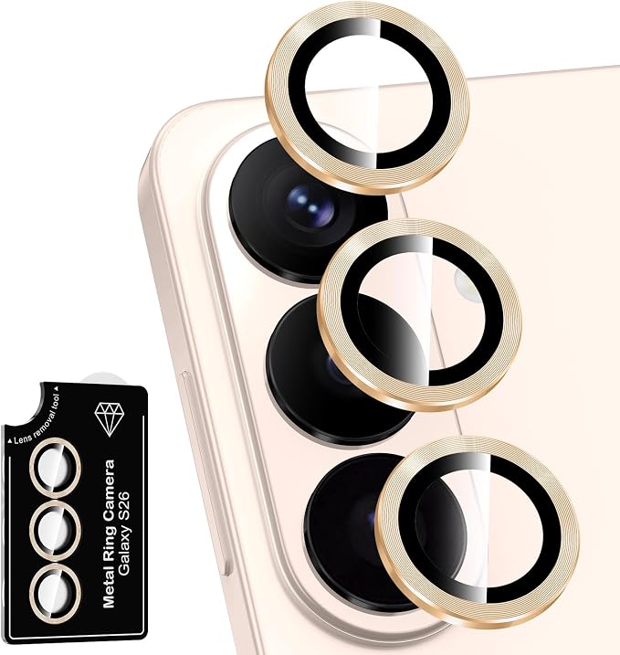 for Samsung Galaxy S26 Camera Lens Protector, Individual Metal Ring Tempered Glass Lens Cover, [Strong Adsorption] Scratch Resistant Ultra-Thin HD Clear Lens Cover, 1 Set-Titanium Gold by Btscase