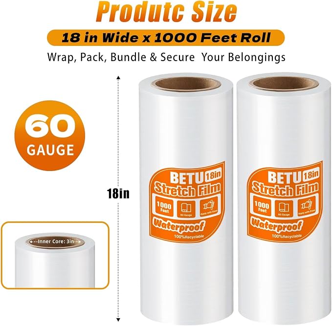 18 inch Stretch Film Shrink Wrap for Moving Supplies, 2 Pack Industrial Strength Stretch Plastic Wrap Roll for Pallet Wrapping Shipping Moving Boxes Storage Furniture,1000ft, Clear - Image 2