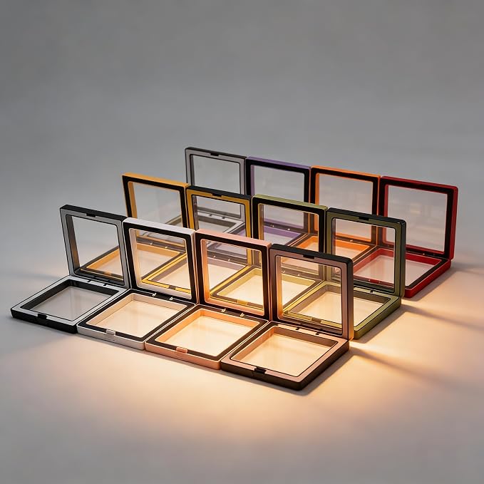 12 PCS Dual-Color Packaging Box 3D Floating Frame Display Stand, Color-Matching Packaging Display Box, Transparent Window Jewelry Case, PE Film Anti-Oxidation Storage Case. (Mixed Multi-Color) - Image 3