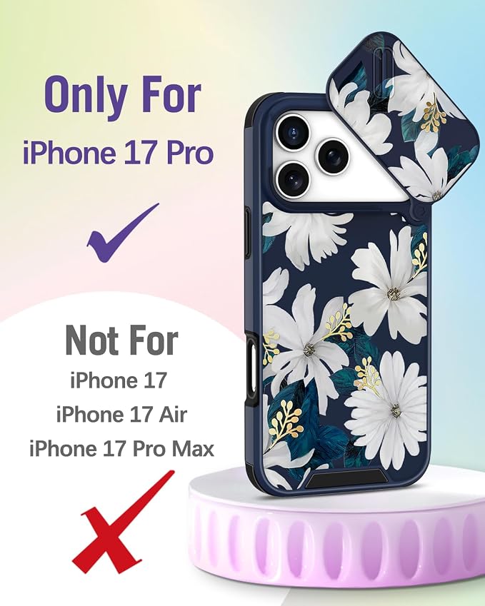 Buleens for iPhone 17 Pro Case 6.3 Inch - with Ring Stand & Camera Cover Aesthetic Cute Designed for Women Girls Kawaii Pretty Girly White Floral Phone Case for iPhone 17 Pro Compatible with Magsafe - Image 2