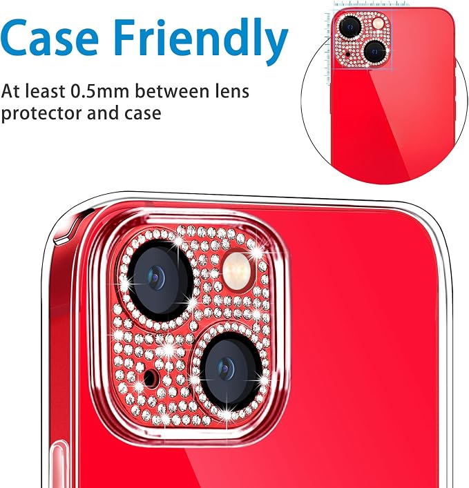 Designed for iPhone 14 and 14 Plus Camera Lens Protector, Bling Rhinestone Sparkle Diamond 9H Tempered Glass Lens Cover Shockproof Full Protective Camera Cover, Red - Image 3
