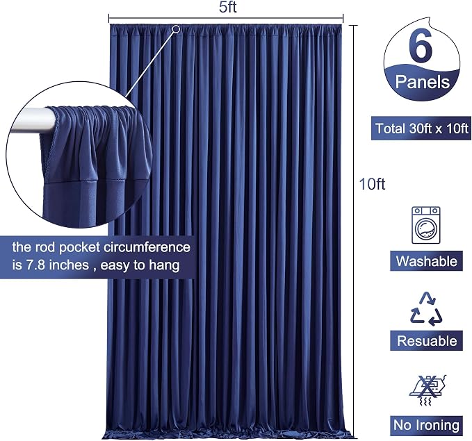 6 Panels Navy Blue Backdrop Curtain for Parties Wrinkle Free Photo Curtains Backdrop Drapes Fabric Decoration for Wedding Birthday Party Baby Shower 30ft(W) x 10ft(H) - Image 5