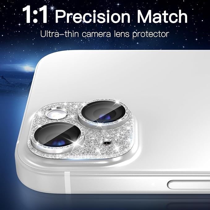 [2 Pack] Bling Camera Lens Screen Protector for iPhone 13/13 Mini with 9H Tempered Glass Aviation Aluminum Plate Cover Metal Ring,Night Circle,No Bubble,HD Clarity,Easy Installation-Glitter Silver - Image 7