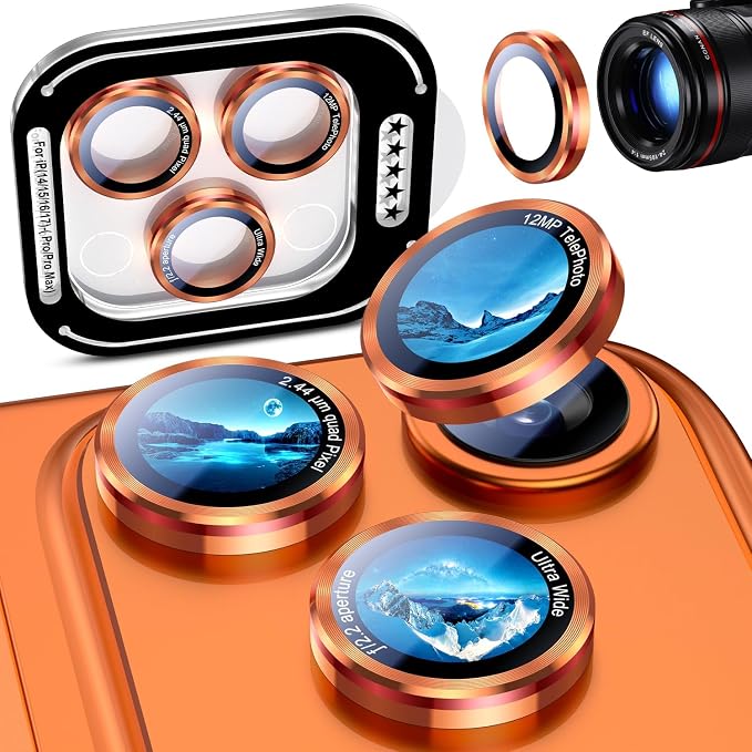 Uyiton for iPhone 17/16/15/14 (Pro Max & Pro) Camera Lens Protector | Unique Lines Text Design, Case-Friendly, Military-Grade Sapphire Glass Metal Camera Cover, Cosmic Orange+Red by Uyiton