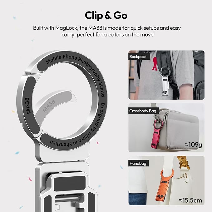 ULANZI MA38 Magnetic Phone Tripod for iPhone, Portable Phone Holder Silver | Portable Phone Tripod for Magsafe w Foldable Hook Double-Sided 1/4'' Screw for Travel Vlog Selfie iPhone 17/16/15/14/13 - Image 5