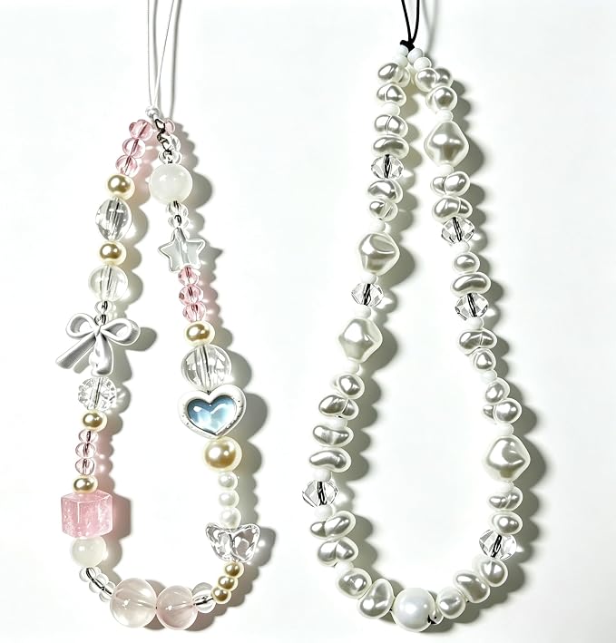 2 Pcs Phone Charm Strap Hand Wrist Strap Camera Lanyard Pearl Beaded Cute Chain String Accessories Universal for iPhone 17 Pro Max 16 15 14 for Samsung Women Girls Keychain Bag White Pearls and Bows by Casecond