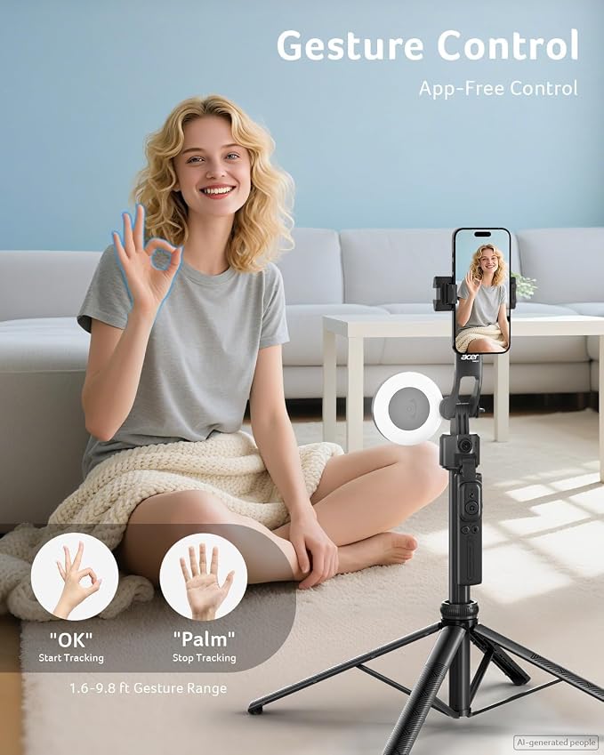 Acer Gadget Auto Face Tracking Tripod for iPhone/Cell Phone/Android/Camera with Light and Remote, 64", No App, 360°Rotating Tripod Selfie Stick for Tiktok YouTube Vlog Live Streaming Video Recording - Image 3