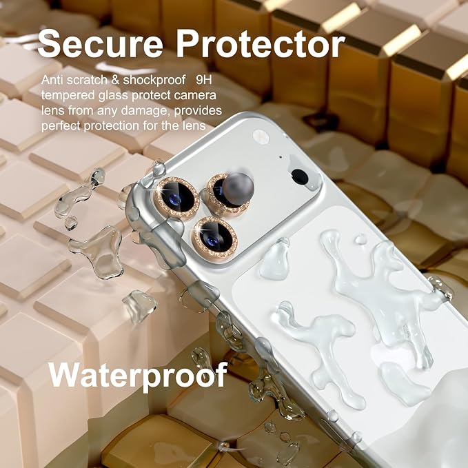 Misea Compatible for iPhone 17 Pro/iPhone 17 Pro Max Camera Lens Protector | 9H Tempered Glass Ultra HD Bling Camera Screen Protector Cover Metal Individual Ring Decoration Accessories, Gold Glitter - Image 3