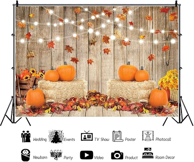 Autumn Thanksgiving Backdrop 10x7ft Rustic Barn Harvest Photography Background Barn Door Falling Maple Leaves Hay Bales Pumpkins Kids Baby Adult Portrait Shoot Fall Photo Booth Props - Image 2