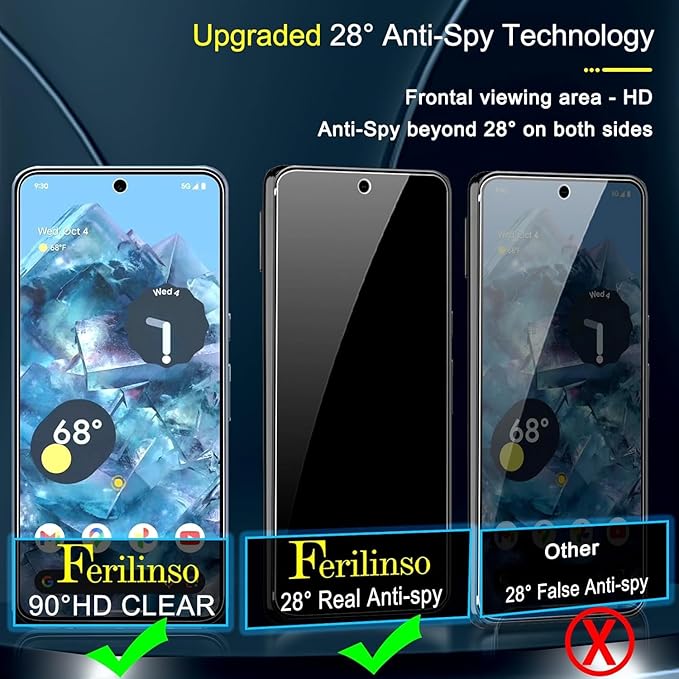 Ferilinso Privacy Screen Protector for Google Pixel 8 Pro, Tempered Glass | 3 Pack, 9H+ Hardness, Military-Grade Shatterproof, Case Friendly, Easy Installation Bubble Free, with Camera Lens Protectors - Image 4