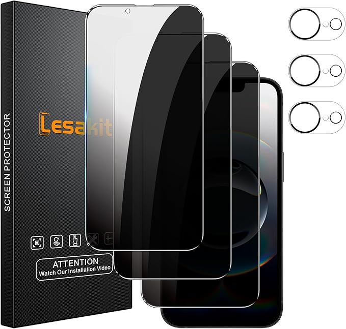 Lesakit 3+3 Pack Privacy Screen Protector for iPhone 16e 6.1-Inch with 3 Pack Camera Lens Protector, Anti Spy Tempered Glass Film 9H Hardness Bubble Free Case Friendly by Lesakit