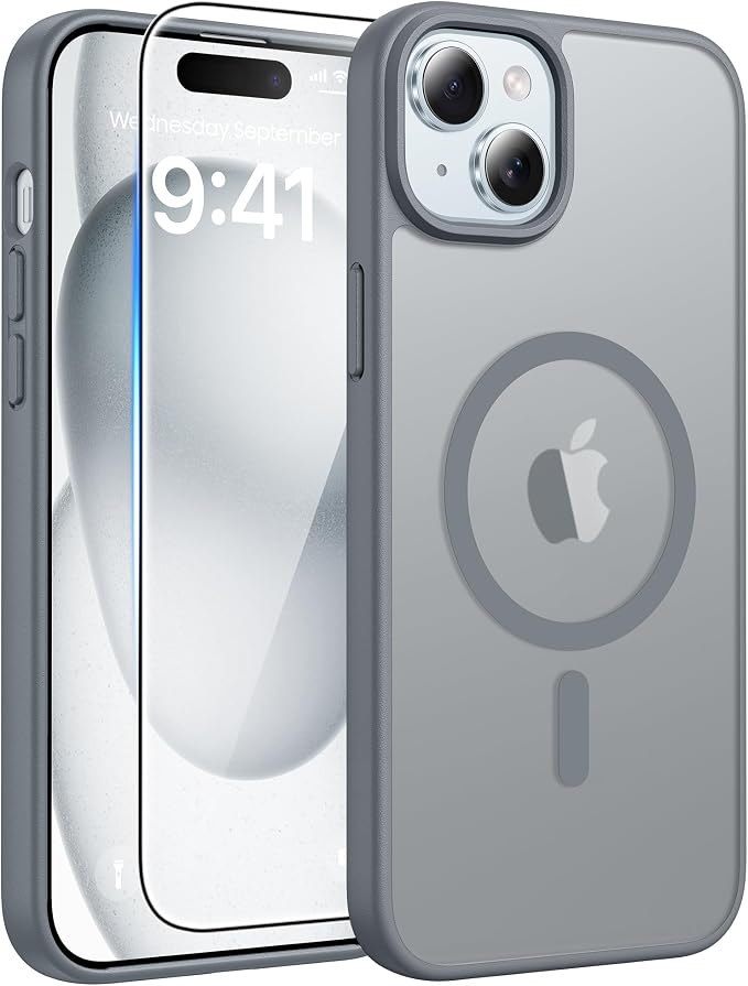 FNTCASE for iPhone 15/14/13 Case, Fit for Magsafe, Glass Screen Protector | Translucent Matte, Magnetic Phone Cases, 14FT Military Grade Drop Protection, Slim Shockproof Protective Cover, Gray by FNTCASE