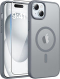 FNTCASE for iPhone 15/14/13 Case, Fit for Magsafe, Glass Screen Protector | Translucent Matte, Magnetic Phone Cases, 14FT Military Grade Drop Protection, Slim Shockproof Protective Cover, Gray by FNTCASE