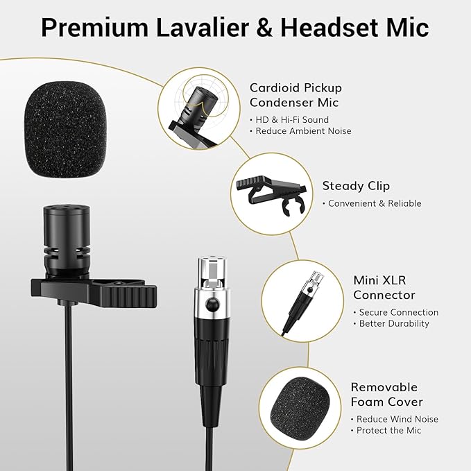 TONOR UHF Wireless Microphones System with Headset/Lavalier Lapel Mics, Bodypack Transmitter, Receiver, 4 * 10 Channels, 90 m/295ft Range for Live Singing Karaoke Church Party DJ, 4 Bodypack Mics - Image 6