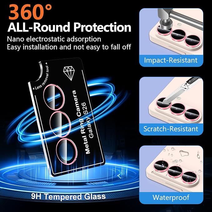 for Samsung Galaxy S26 Camera Lens Protector, Individual Metal Ring Tempered Glass Lens Cover, [Strong Adsorption] Scratch Resistant Ultra-Thin HD Clear Lens Cover, 1 Set-Pink Shine - Image 4
