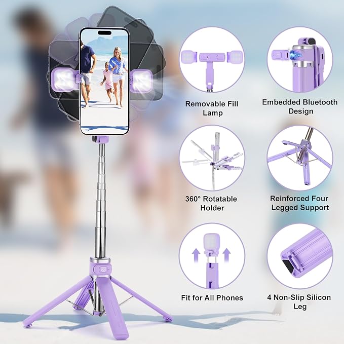 MQOUNY Mini iPhone Tripod Stand & Selfie Stick with Wireless Remote & Removable Light, Extendable Stand 360 Rotation Compatible with iPhone & Android Samsung (Purple) - Image 2
