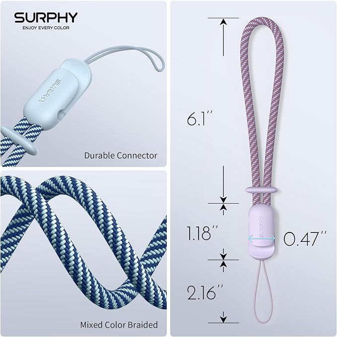 SURPHY 2 Pack Phone Lanyard, Phone Wrist Strap for Case, Camera Wrist Strap | Ultra-Light 2-Color Braided Phone Strap, Cellphone Charm Strap, Anti-Lost Wrist Lanyard for Women and Men, Lilac Cloud Blue - Image 3