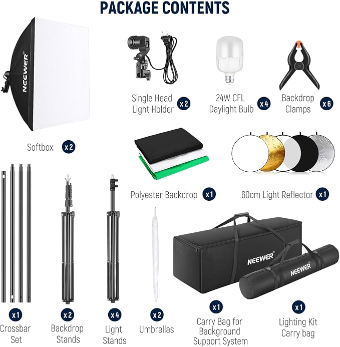 NEEWER Photography Lighting Kit with Backdrops,8.5x10ft Backdrop Stands,5700K 800W Equivalent 24W LED Umbrella Softbox Continuous Lighting,60cm Light Reflector, Photo Studio Equipment for Video Shoot - Image 9