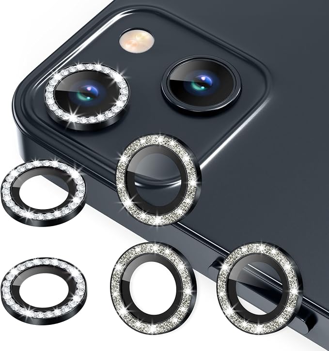 AGVEE 3+3 6 Pack for iPhone 13 & Mini Camera Lens Protector Cover | Individual Bling Diamond & Bling Glitter Sparkle Cute Gem Metal Ring, 9H Tempered HD Glass by AGVEE