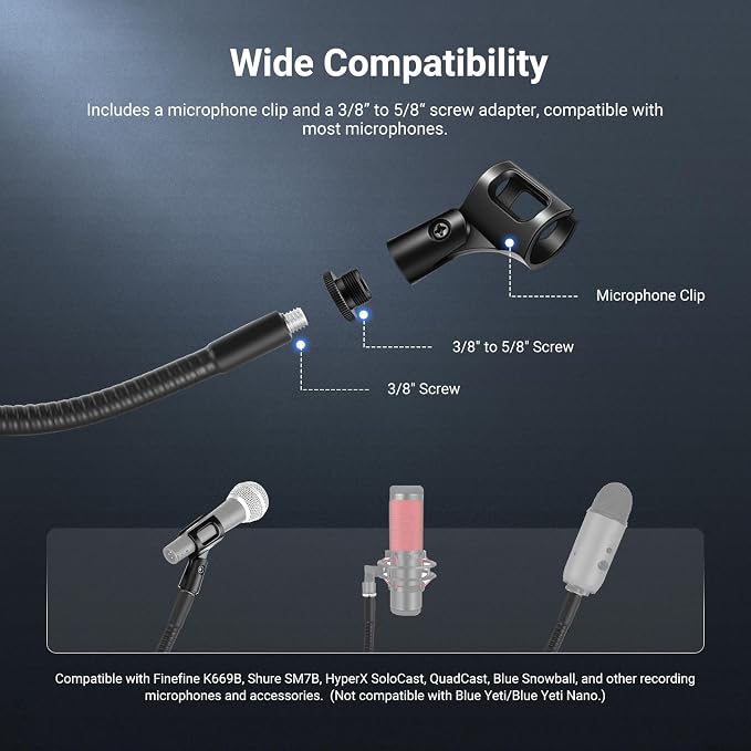 NEEWER Desk Microphone Stand with Flexible Arm, Mic Holder Table Clamp Mount with Clip & 3/8" to 5/8" Adapter Compatible with Blue Yeti Snowball HyperX QuadCast SoloCast Shure, MS016 - Image 4