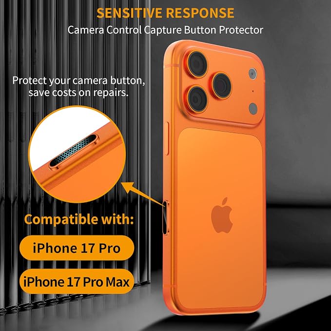 AMANECER 2 Pack Camera Control Button Protector for iPhone 17 Pro/Pro Max, Auto-Alignment Rugged Sensitive Slide Capacitive Protective Cover fit Apple Phone Side Click Touch Capture Key, Cosmic Orange - Image 2