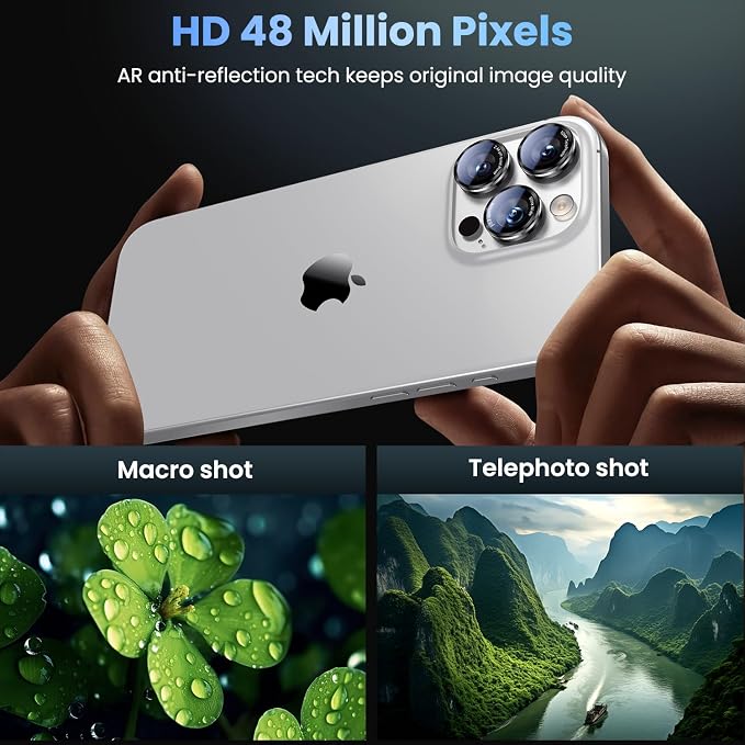Uyiton for iPhone 17/16/15/14 (Pro Max & Pro) Camera Lens Protector | Unique Lines Text Design, Case-Friendly, Military-Grade Sapphire Glass Metal Camera Cover, Easy to Install, Black+Silver - Image 3