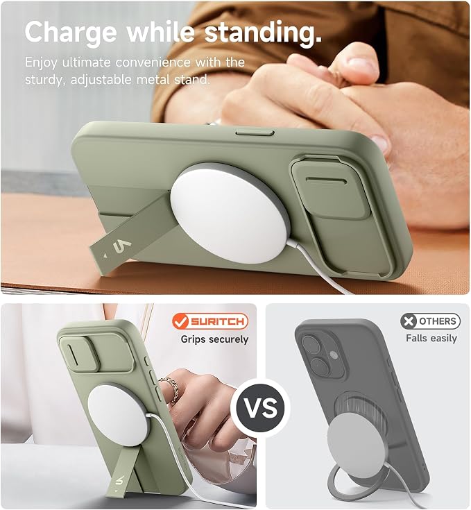 SURITCH for iPhone 17e/16e Case with Magnetic Camera Slide Cover and Adjustable Kickstand, Compatible with MagSafe, Shockproof Bumper Case Slim Protective Cover 6.1 Inch,Green - Image 5