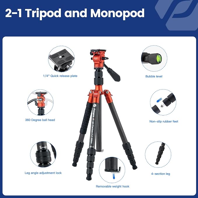 Fotopro 59" Carbon Fiber Travel Tripod, Compact Video Tripods with Fluid Head, Detachable Monopod with Arca-Swiss Quick Release Plate and Bag, Camera Tripod Load up to 8KG/17.63lbs, Orange - Image 8