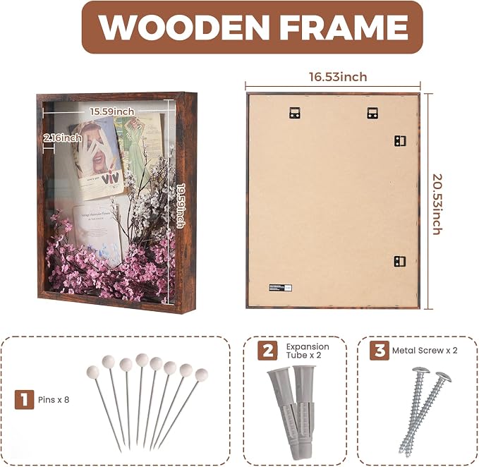 Muzilife 16x20 Shadow Box Picture Frame, 2.16 Deep, Real Glass, Honey Brown | FSC-Wood, Magnetic Door, Linen Interior & Pins, Vertical, Horizontal Wall Hanging, Display Case Frame for Photos & Keepsakes - Image 3
