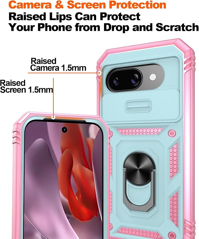 Gritup for Pixel 9A Case Military-Grade Shockproof with Kickstand | with 2 PCS Screen Protector, Slide Camera Cover, Heavy Duty Outdoor Protection Funda para Google 9 A Phone Cover, Green+Pink - Image 4