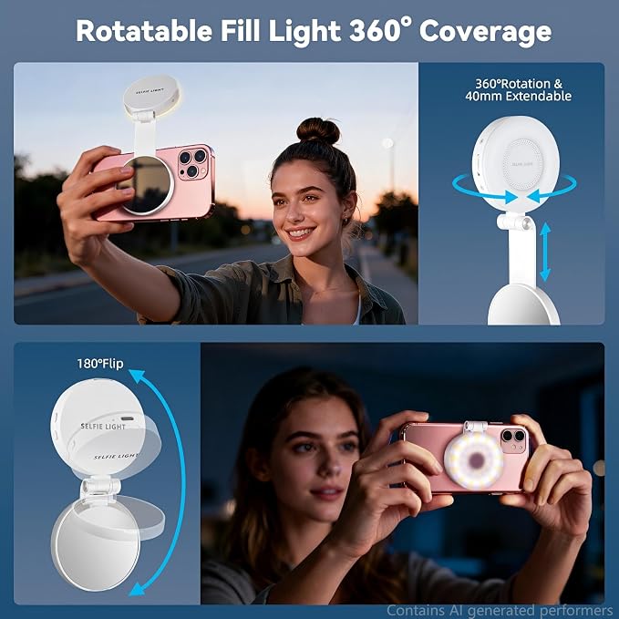 Portable Magnetic Led Selfie Light, Rechargeable Portable Ring Light for Phone, Selfie Ring Light with Mirror for Phone Folding Video Makeup Live Vlog Fill Light White - Image 3