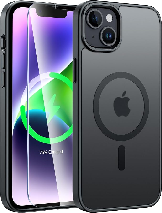 FNTCASE for iPhone 15/14 Plus Case, Fit for Magsafe, Screen Protector Black | Translucent Matte Magnetic Back, 14FT Military Grade Drop Protection, Shockproof Protective Phone Cover, Black by FNTCASE