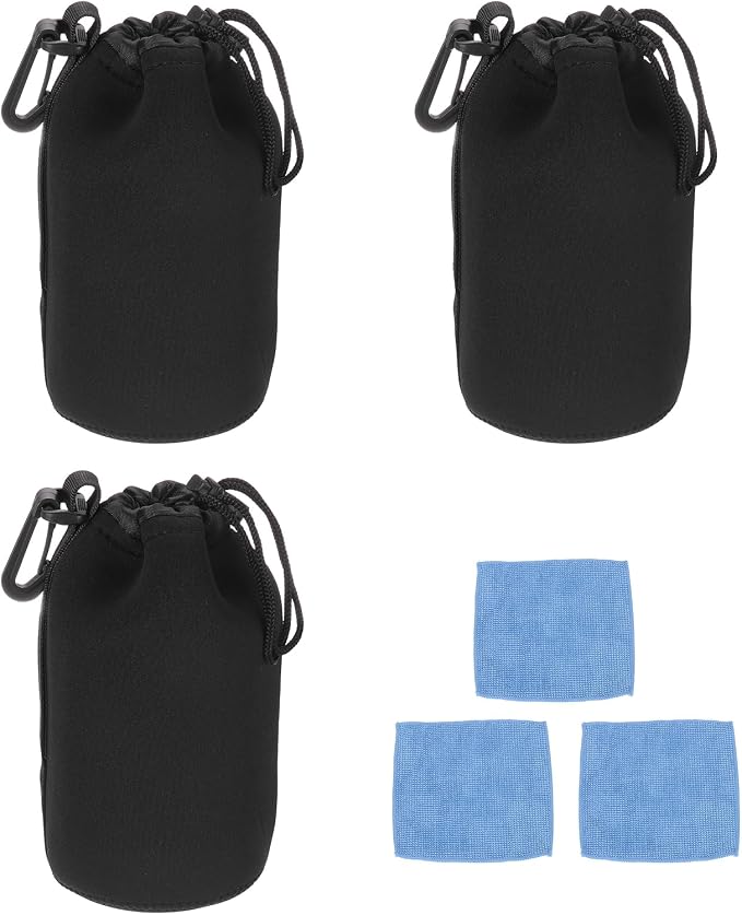 PATIKIL 3 Pcs Camera Lens Pouch, 4" ID x 7" H Drawstring Lens Pouch Protective Camera Lens Case Bag Soft Plush Neoprene Bag for DSLR Photography Gear, Black by PATIKIL