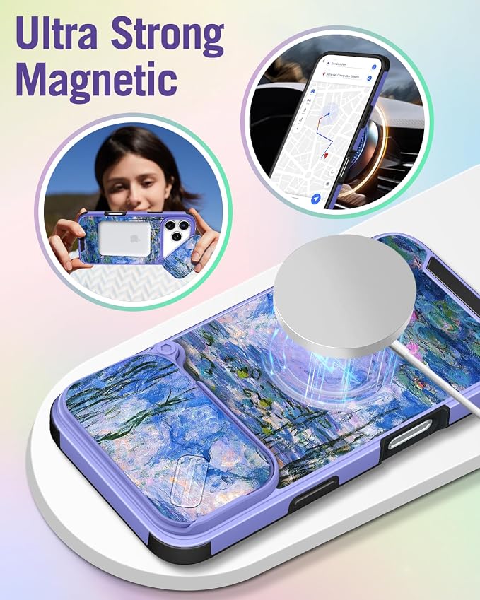 Buleens for iPhone 17 Pro Max Case 6.9 Inch - with Ring Stand & Camera Cover Aesthetic Cute Designed Women Girls Girly Kawaii Blue Water Lily Phone Case for iPhone 17 Pro Max Compatible with Magsafe - Image 4