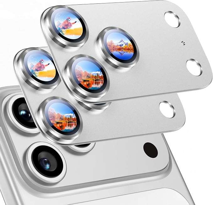 Uyiton for iPhone 17 Pro Camera Lens Protector, Metal Frame Glass Cover | Not Easy to Break, Strong Adsorption, Case-Friendly, Metal 9H Sapphire Glass Rear Camera Screen Cover, Silver, 2 Packs by Uyiton