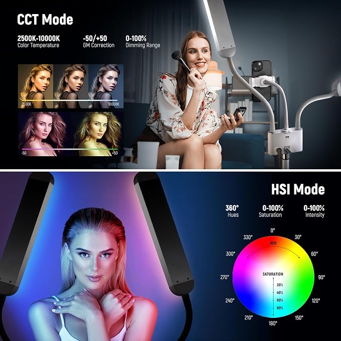 NEEWER RGB Esthetician Light Kit Upgraded with Phone APP Control/Touch Bar, Separate Control Dual Arm LED Video Light w Phone Holder/Stand/Travel Bag, 2500K-10000K 18 Scenes for Tattoo Lash, BH40C - Image 3