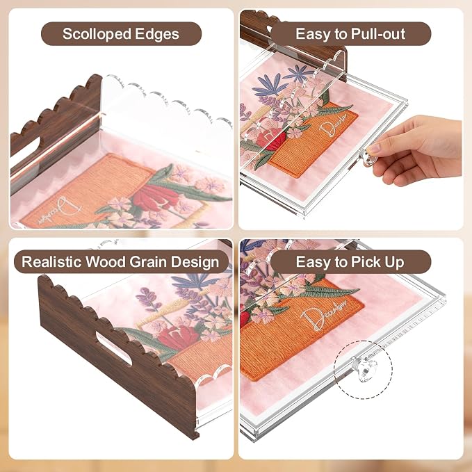 LUGUNU Scalloped Acrylic Tray with Slide Out Drawer – Customizable for Insert Needlepoint, Photos, Artwork, 9x9in, Non-Slip Base, Thick Transparent Acrylic Tray for Home Decor, Office, Gift for Women - Image 4