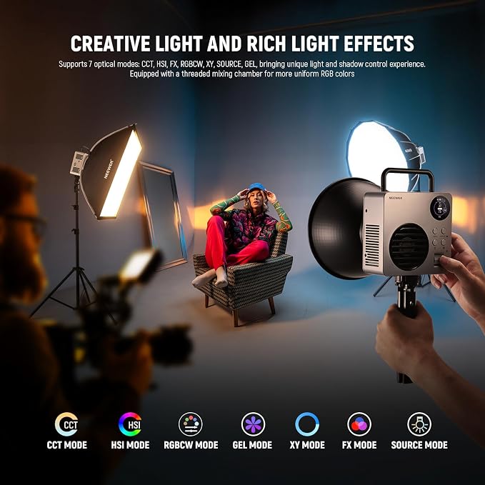 NEEWER HB80C RGBWW LED Video Light with Built-in 72Wh Battery & 100W PD Fast Charging, 80W Mini RGB COB Continuous Output Lighting Bowens Mount Handheld Spotlight 2500K-7500K, 10400lux/m, 18 Effects - Image 3