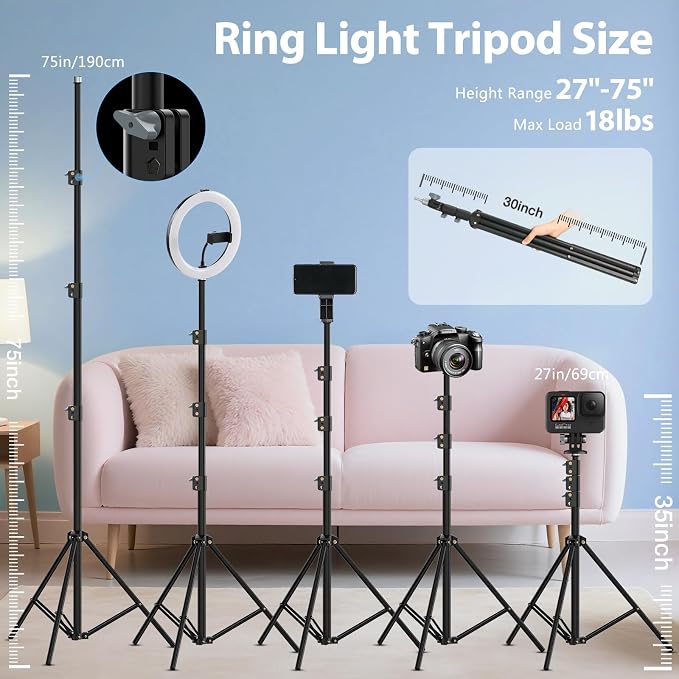 MACTREM Large 22" Ring Light with Stand for iPad Makeup, 75" Tripod, Blue | 50W CRI90+ LED, 2700K-6500K, Phone Tablet Holder, Dual USB, Stable 75" Tripod, for Tattoo Barber Streaming - Image 7