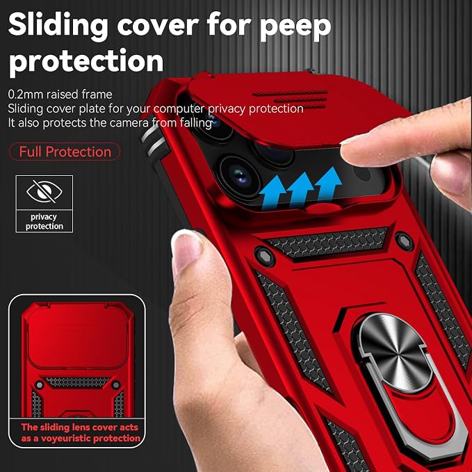 SunStory Phone Case for iPhone 17 Pro Max Case with HD Screen Protector & Slide Camera Cover & Rotated Ring Kickstand, [Military-Grade] Phone Case for iPhone 17 Pro Max, Red - Image 3