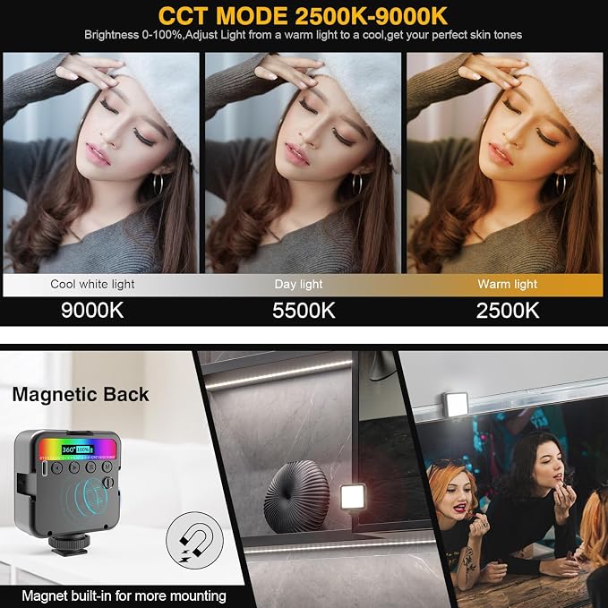 Magnetic RGB Led Video Light LED Camera Light 360° Full Color Portable Photography Lighting Whit 3 Cold Shoe，，2000mAh Rechargeable CRI 96+/2500-9900K/13 Scene (Black) - Image 5