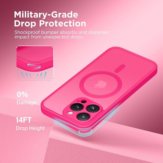 CAPRARO for iPhone 14 Pro Case, Compatible with MagSafe Hot Pink | Upgraded [Full Camera Protection] Shockproof Protective Slim Translucent Matte Magnetic Phone Case 6.1'', Hot Pink - Image 5