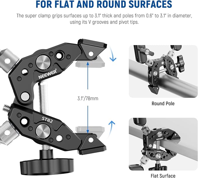 NEEWER Heavy Duty Super Clamp with Two 360° Dual Ball Head Magic Arms, 1/4" 3/8" Screw Threads, Phone & Action Camera Mount Adapter for Flat/Round Surface Compatible with GoPro DJI Insta360 DSLR - Image 4