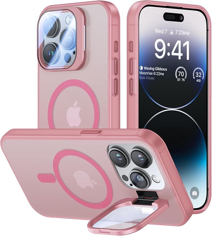 VOFATA for iPhone 15 Pro Case with Camera Cover Stand [Built-in 9H Camera Lens Protector][Fit for Magsafe] Military Grade Shockproof Translucent Matte Magnetic Phone Case 6.1", Pink by VOFATA